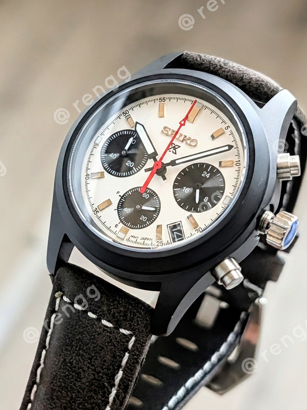 39mm Seiko Men’s Black Case Panda Chronograph Mod Watch Sapphire